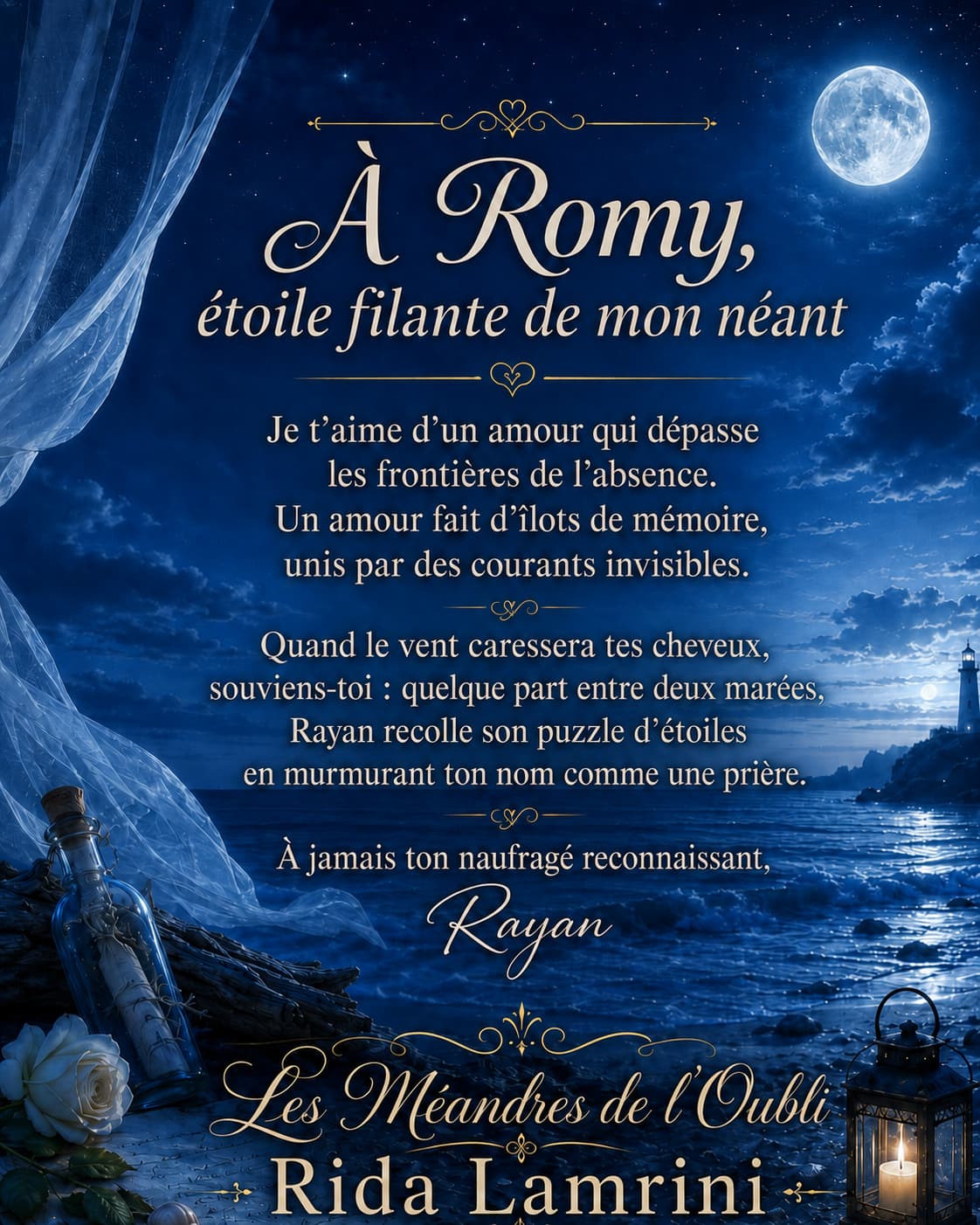 À Romy, étoile filante de mon néant
Ce papier tremble entre mes doigts, suspendu comme une feuille d’automne au dernier souffle du vent. L’encre porte ce que je n’ai jamais su te dire.

Je te demande pardon d’avoir été l’orage dans ton ciel, l’éclat éphémère là où tu espérais peut-être une lumière durable. Toi dont le sourire ressuscite les âmes éteintes. Toi qui as changé mon sang immobile en ruisseau vivant.

Tu m’as offert bien plus qu’un refuge. Tu m’as rendu un souffle, et avec lui la vie. Tu m’as tendu les mains lorsque je ne savais plus me relever. Tu m’as redonné le désir de l’azur et l’audace de voler.

Dans l’étreinte salée du monde, j’ai compris que le soleil caresse avant de brûler, que l’amour apaise avant de blesser. Ton amour a dissipé les ténèbres qui m’engloutissaient. Ta patience m’a rappelé la douceur d’un monde que je croyais perdu. Tu as été lumière dans l’obscurité de mes pensées.

Aujourd’hui, je m’éloigne. Non par défaut d’amour, mais par excès de clarté. Je t’aime assez pour partir. Cet amour est si grand, si éclatant, qu’il devient trop lourd à porter dans l’ombre de mes tourments. Je pars pour t’épargner mon chaos, pour préserver l’éclat de ton cœur.

Mon passé est une chaîne que je refuse de déposer sur tes épaules. Cette douleur me ploie, mais elle ne doit pas t’emporter avec moi.

Comment t’offrir des roses quand mes poches débordent de cendres ? Tu ne mérites pas ce champ de ruines. Tu mérites un jardin où l’amour respire sans crainte, où chaque fleur témoigne de ta beauté, non des stigmates de mes blessures.

Chaque baiser fut un miracle volé au destin. Et les miracles brûlent ceux qui tentent de les retenir.

Romy,

Mon nom m’est revenu comme l’écho d’une mer lointaine, un coquillage porteur de souvenirs enfouis sous les vagues : Rayan.

Ce nom, je croyais l’avoir perdu. Ou peut-être l’avais-je seulement laissé dormir dans une chambre obscure de my mémoire. Il m’est revenu à travers un livre, Tant que je peux te dire je t’aime, comme si les pages avaient gardé pour moi ce que mon esprit n’avait plus la force de porter.

Ce livre n’était pas seulement un roman. C’était un miroir. Un labyrinthe de souvenirs, de douleurs, de visages aimés, de mots tus. À mesure que je le parcourais, quelque chose se réveillait en moi. Pas tout. Pas d’un coup. La mémoire ne rend jamais ce qu’elle a pris avec élégance. Elle recrache des éclats, des voix, des instants, des silences. Elle ne restitue pas le passé ; elle le dépose en nous par fragments.

Et parmi ces fragments, il y avait toi.

Ton regard. Ta patience. Ta façon de m’attendre sans m’enfermer. Ta manière de croire encore en moi quand je n’étais plus sûr d’exister tout à fait. Tu as posé ta lumière au bord de mon gouffre, non pour m’y retenir, mais pour m’apprendre qu’un homme peut encore se relever.

Si je t’écris, ce n’est pas pour rouvrir ta blessure. C’est pour apaiser ta question. Rien de ce que nous avons vécu ne fut inutile. Tu n’es pas passée dans ma vie comme une simple apparition. Tu m’as conduit vers moi-même. Tu as été l’un des détours les plus étranges et les plus beaux de l’amour.

Longtemps, j’ai cru que l’exil était une fuite. Je comprends maintenant qu’il peut être un miroir. Un lieu intérieur où, goutte à goutte, l’on se répare, se dissout et renaît. La mer m’appelle, non pour m’engloutir, mais pour m’enseigner sa patience.

Ce livre déposé entre tes mains est un cœur fragile. Ma dédicace y palpite comme un papillon de nuit. Si tu y poses l’oreille, tu entendras peut-être le murmure des vagues qui m’emportent.

Romy,

Ton amour fut un phare dont la lumière m’éclairait tout en me brûlant. Je pars apprendre à danser avec mes ombres plutôt que de t’imposer le fardeau de les éclairer.

Mais sache ceci : chaque vague qui me portera murmurera ton nom. Chaque étoile gardera notre histoire, secrète et inoubliable.

Je t’aime d’un amour qui dépasse les frontières de l’absence. Un amour fait d’îlots de mémoire, unis par des courants invisibles.

Quand le vent caressera tes cheveux, souviens-toi : quelque part entre deux marées, Rayan recolle son puzzle d’étoiles en murmurant ton nom comme une prière.

À jamais ton naufragé reconnaissant,

Rayan