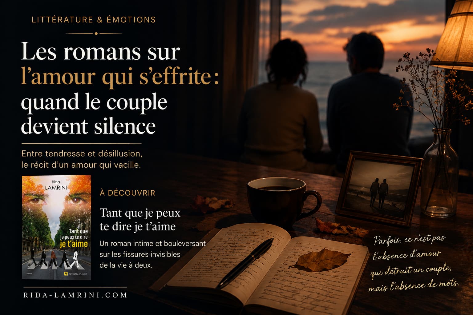 Les romans sur l'amour qui s'effrite: quand le couple devient silence. Entre tendresse et désillusion, le récit d'un amour qui vacille. Parfois, ce n'est pas l'absence d'amour qui détruit un couple, mais l'absence de mots. - Rida Lamrini