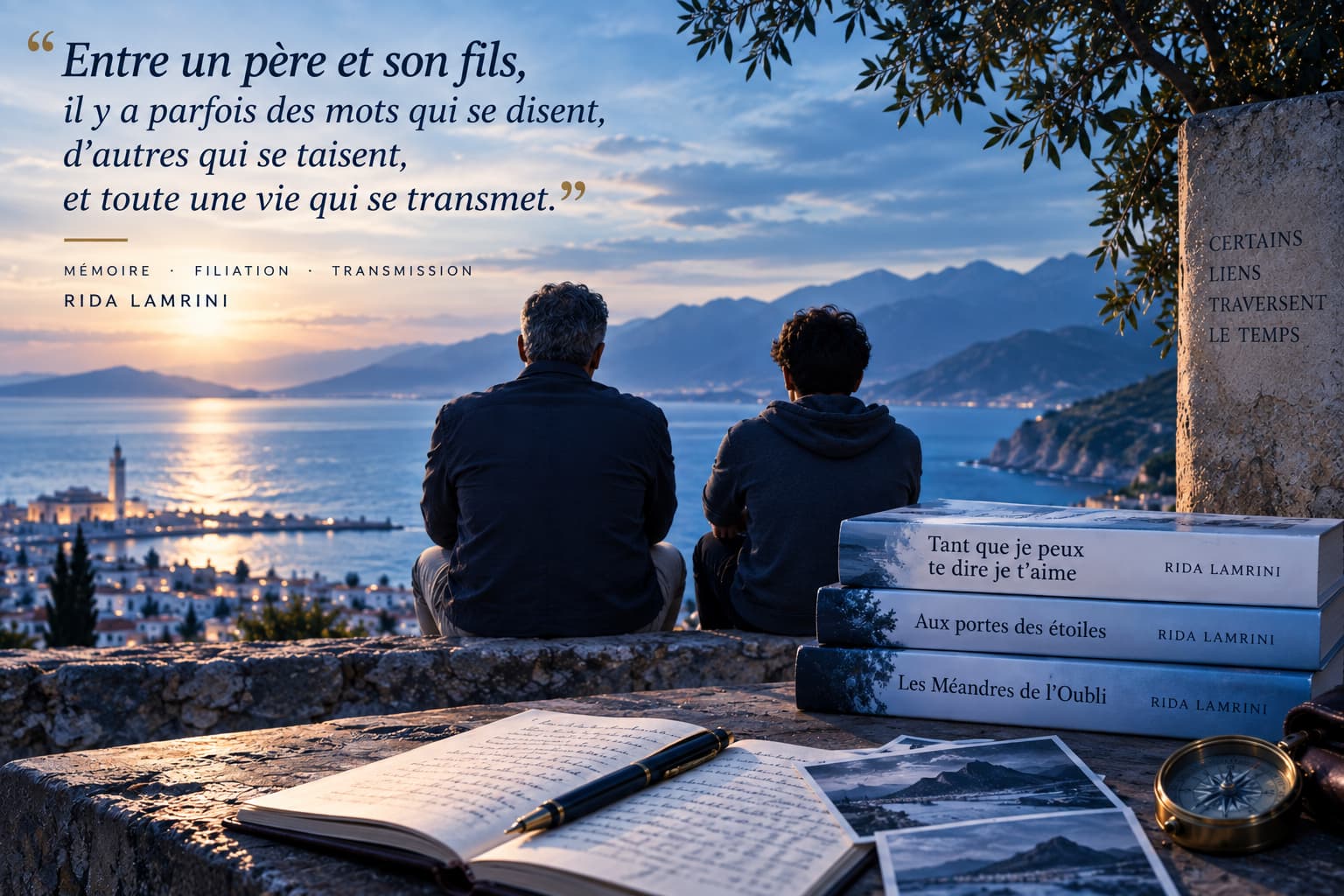 Un père et son fils regardant la mer ; les trois romans de la fresque évoquent la mémoire et la transmission