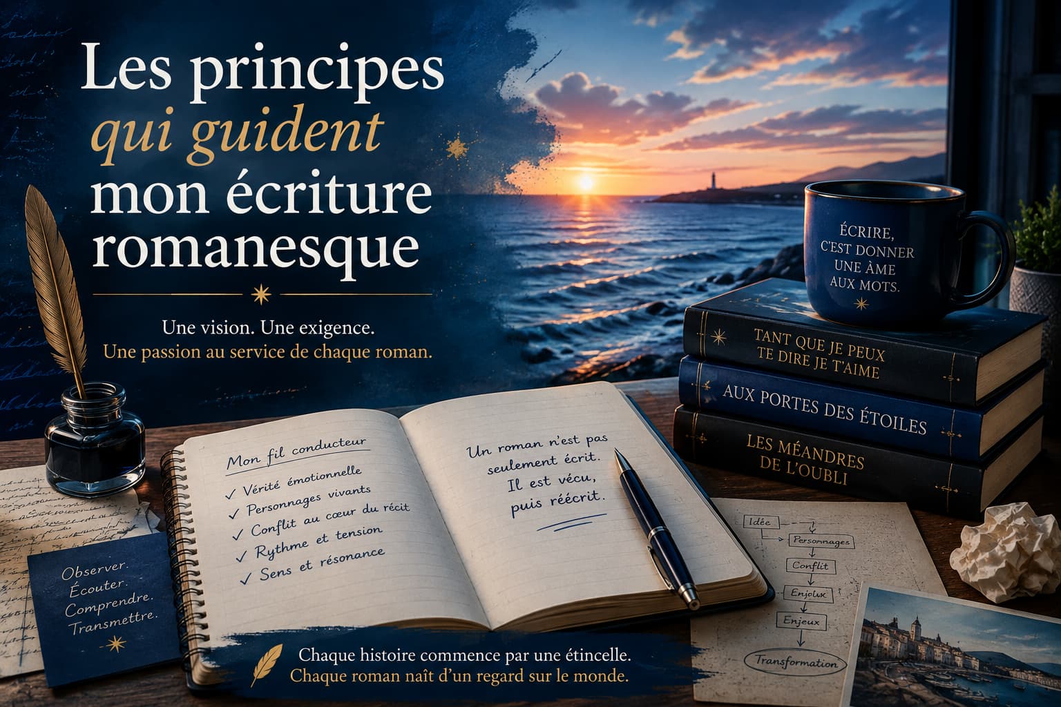 Les principes qui guident mon &eacute;criture romanesque par Rida Lamrini — Carnet d'auteur ouvert (V&eacute;rit&eacute; &eacute;motionnelle, Personnages vivants, Conflit, Rythme), plume et encrier devant le coucher de soleil sur la mer, mug '&Eacute;crire c'est donner une &acirc;me aux mots' et pile des trois romans de la fresque.