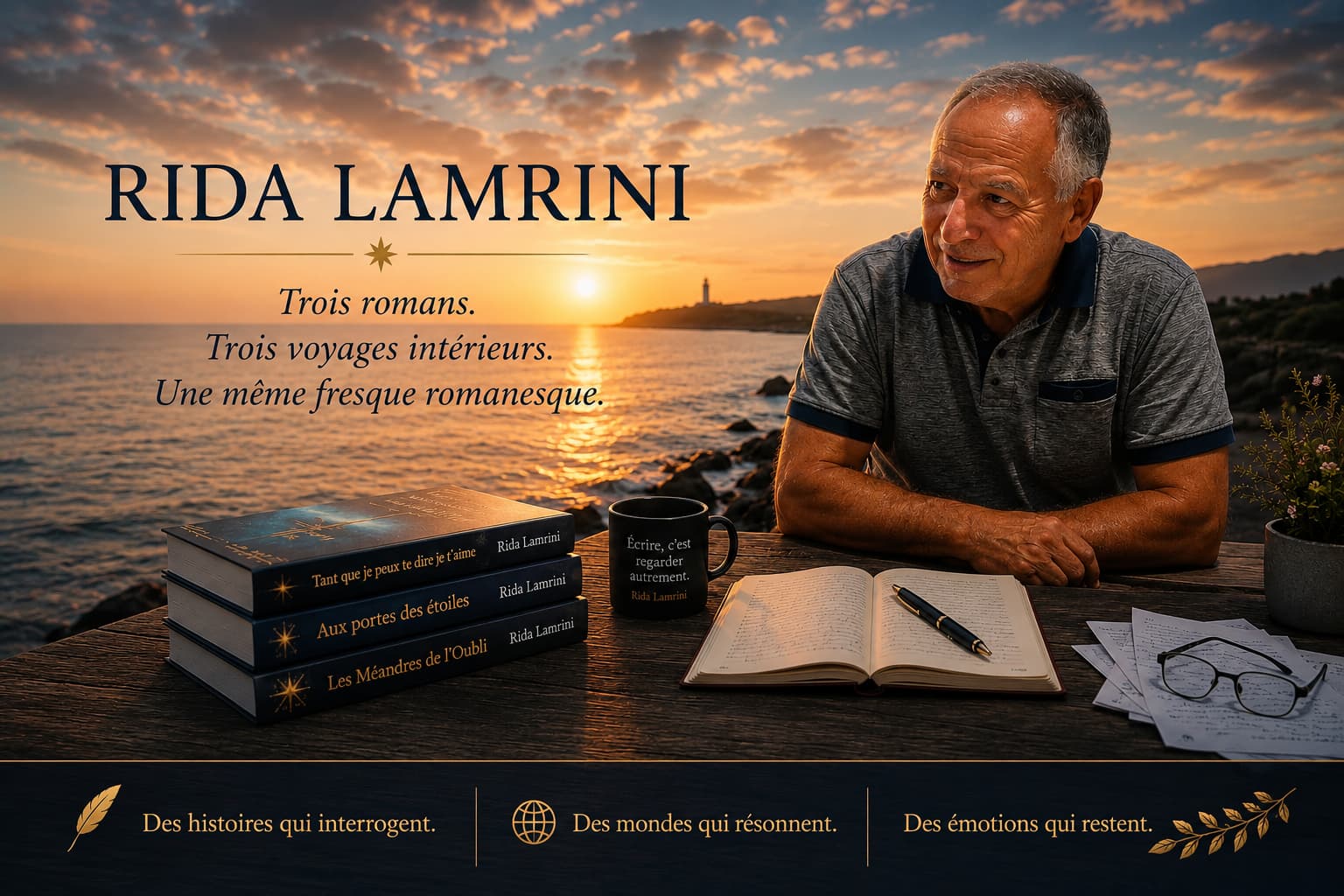 Portrait de l'écrivain Rida Lamrini présentant sa fresque romanesque en trois volumes au bord de la mer, avec ses romans et son univers d'auteur.